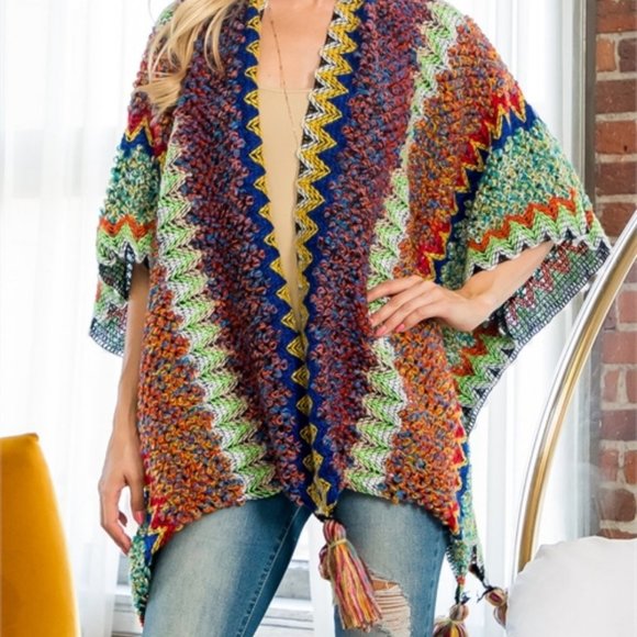 FALL VIBES KNIT ZIGZAG PATTERN TASSEL DETAILED KIMONO MULTI COLOR - Picture 4 of 7